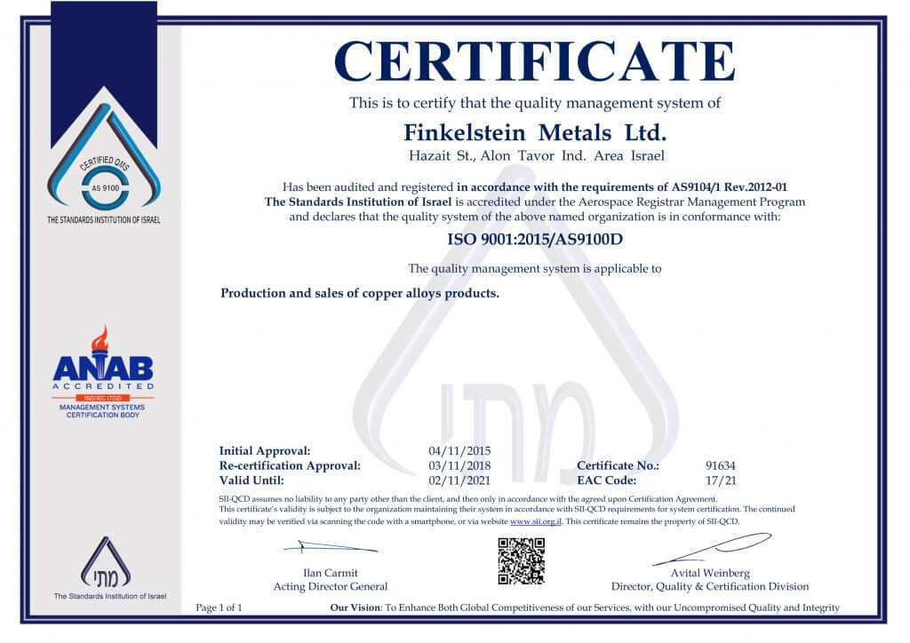 Finkelstein Metals ISO9001 AS9100 CERTIFICATE-1 - Finkelstein Metals ...